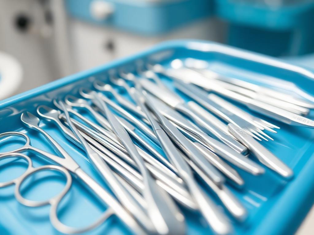 Sterilised dental instruments arranged on a clinical tray